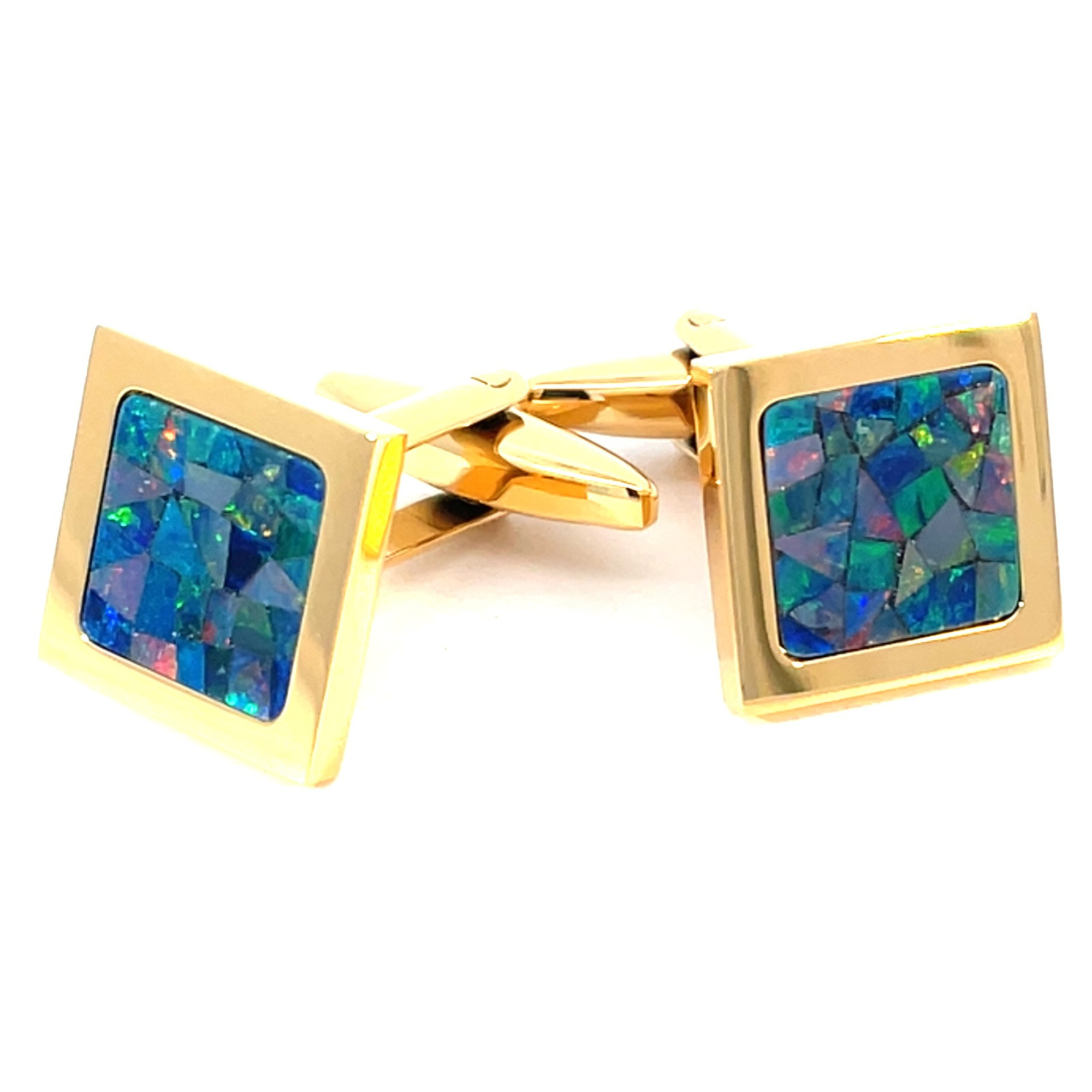 Australian Square Opal Cufflinks (Green Shiny Yellow Gold)
