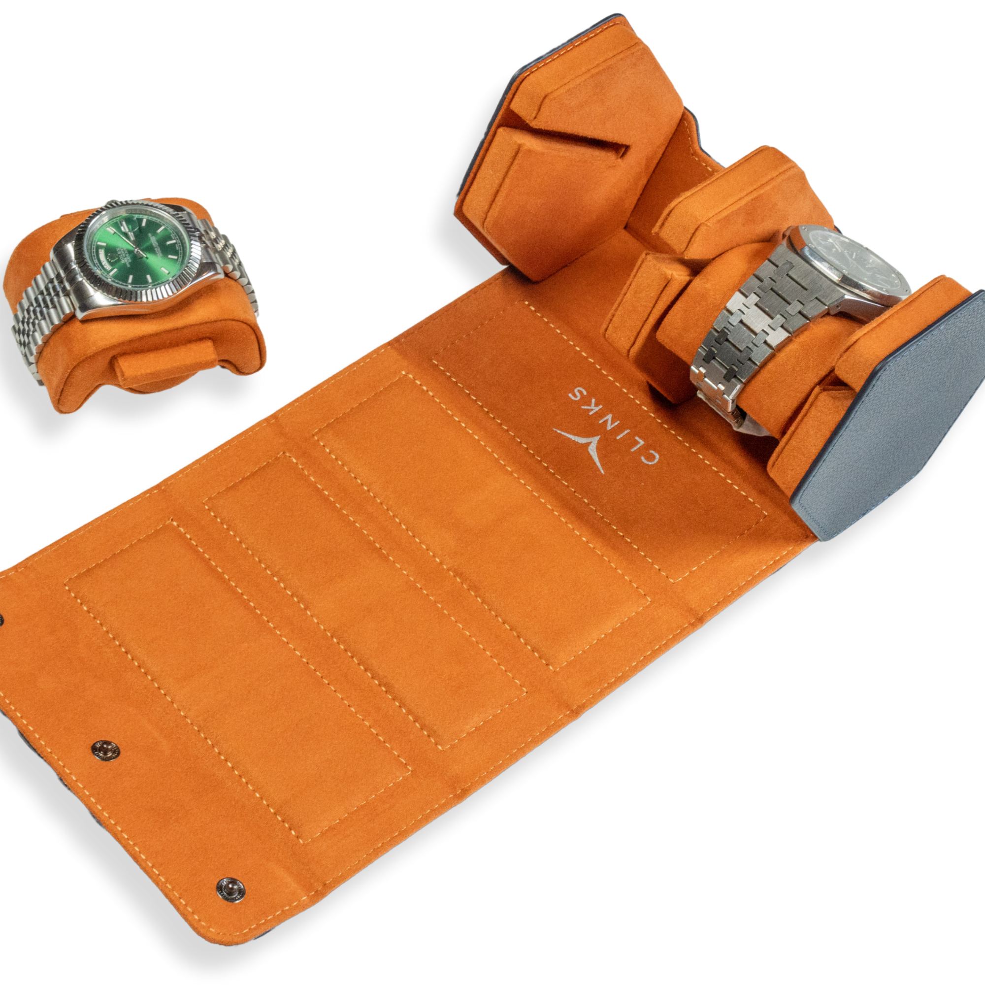 Seconds - Hex Leather Watch Roll 2 Slots in Navy/Orange