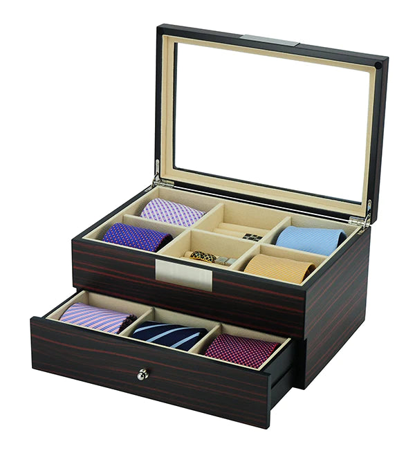 Ebony Wooden Tie Box for 12