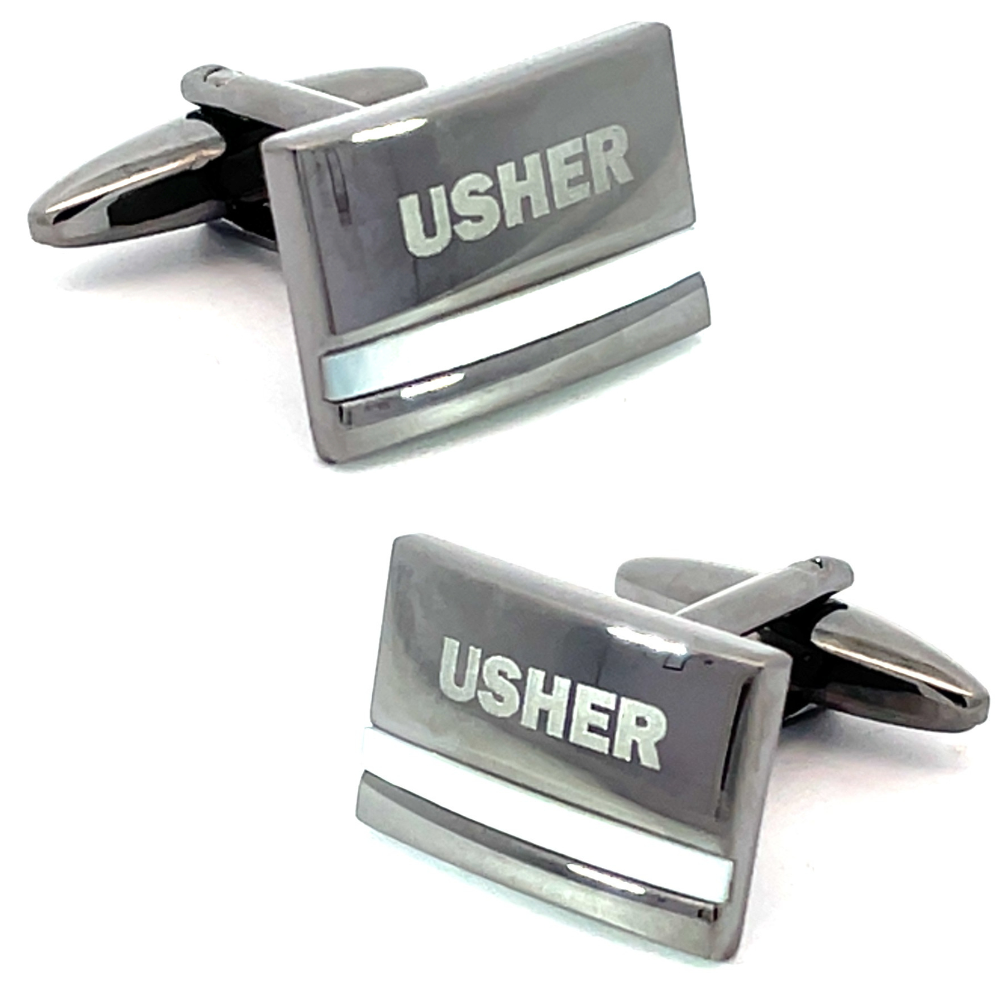 Usher Laser Etched Mother of Pearl Gunmetal Wedding Cufflinks