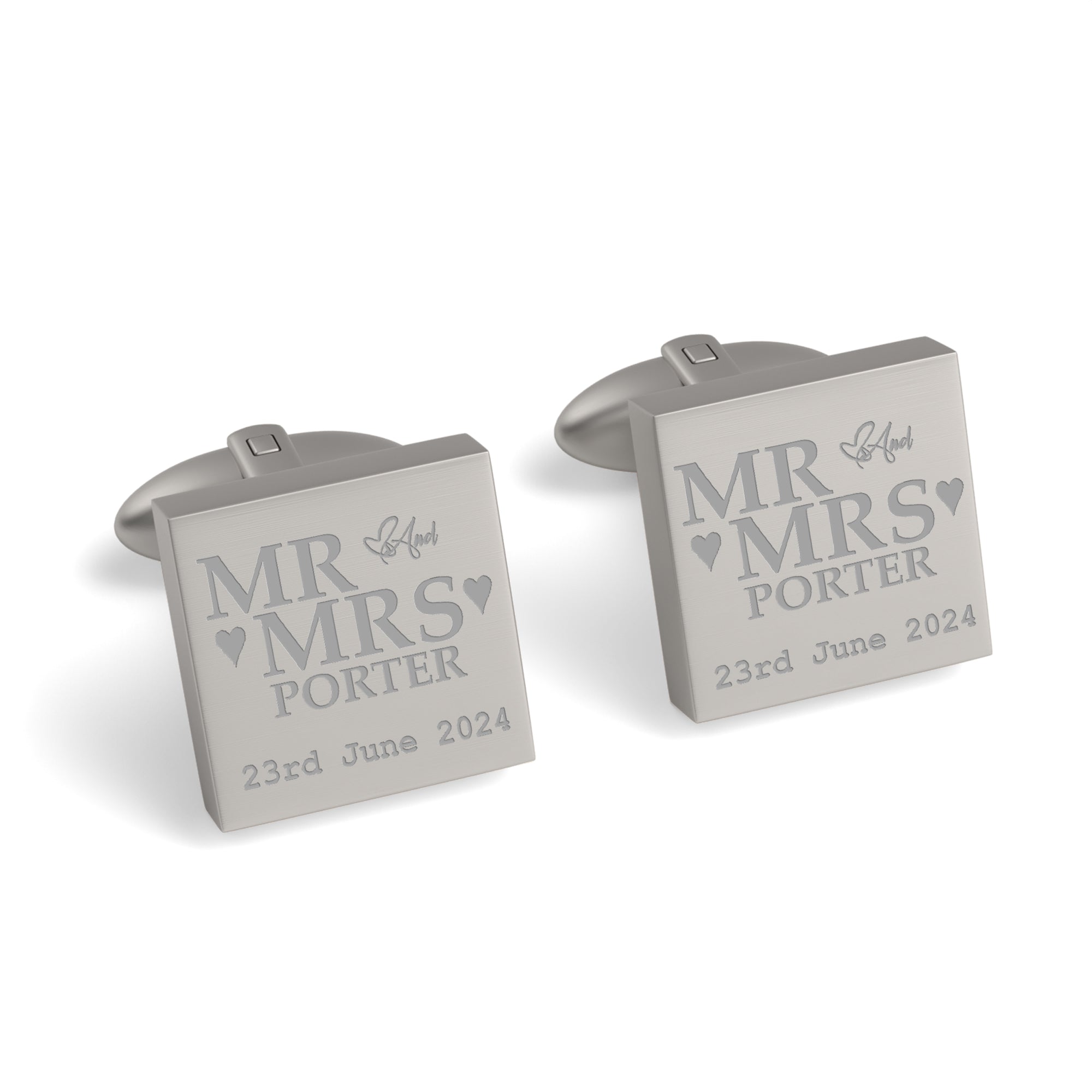 Mr Mrs Last Name Love Heart with Date Engraved Wedding Cufflinks