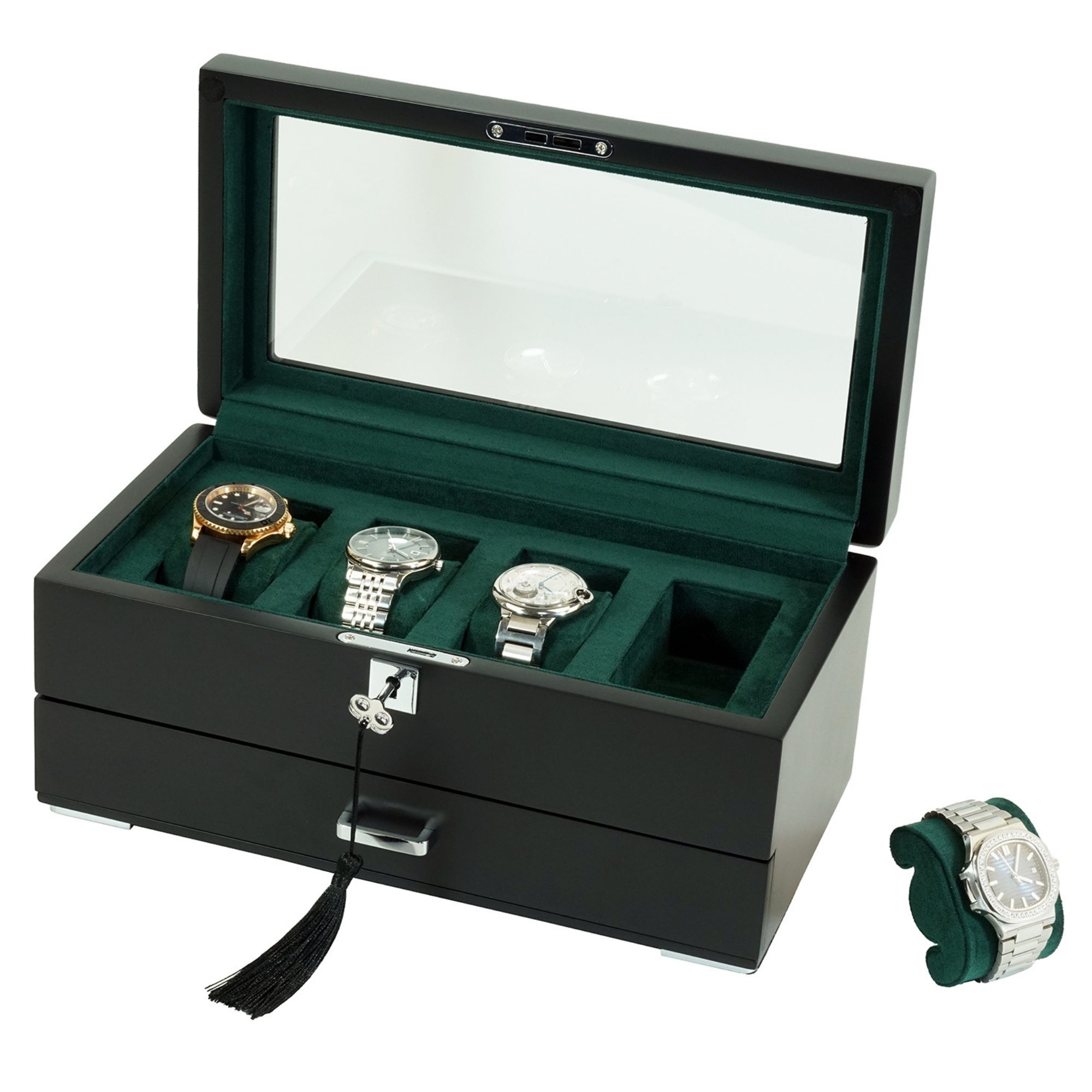 Seconds - 4 Slots Wooden Watch Box with Green Interior and Drawer