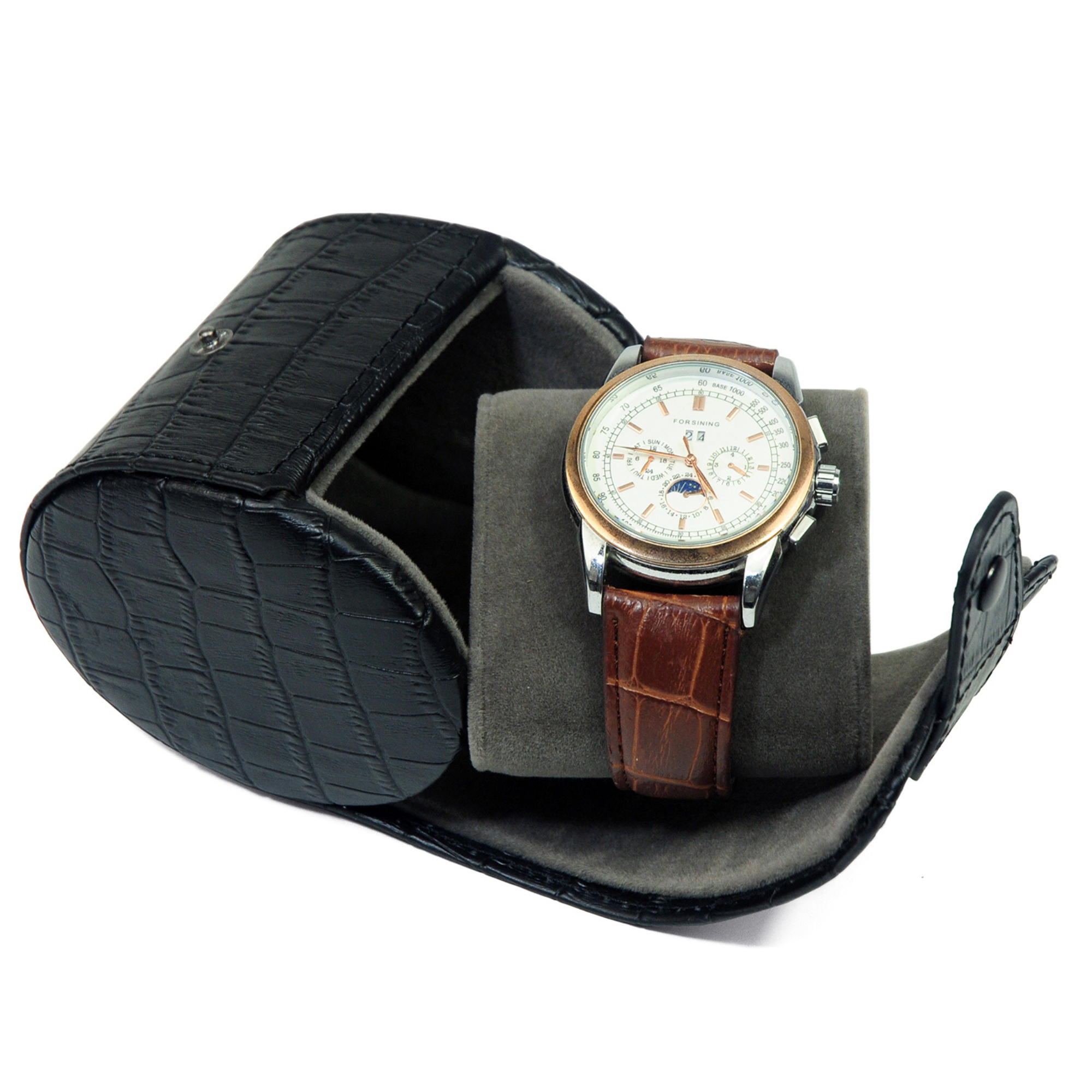 Travel Watch Roll Case for 1 in Black Genuine Leather