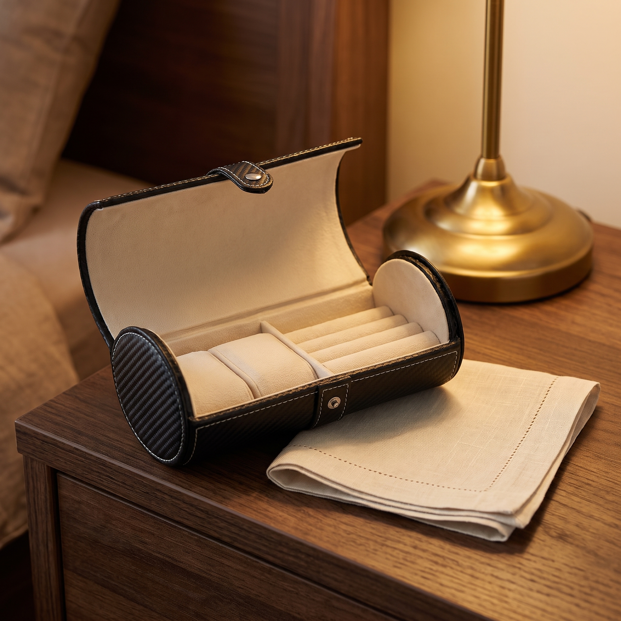 Cufflinks and Watch Roll Case in Black Carbon Fibre Vegan Leather — lifestyle shot