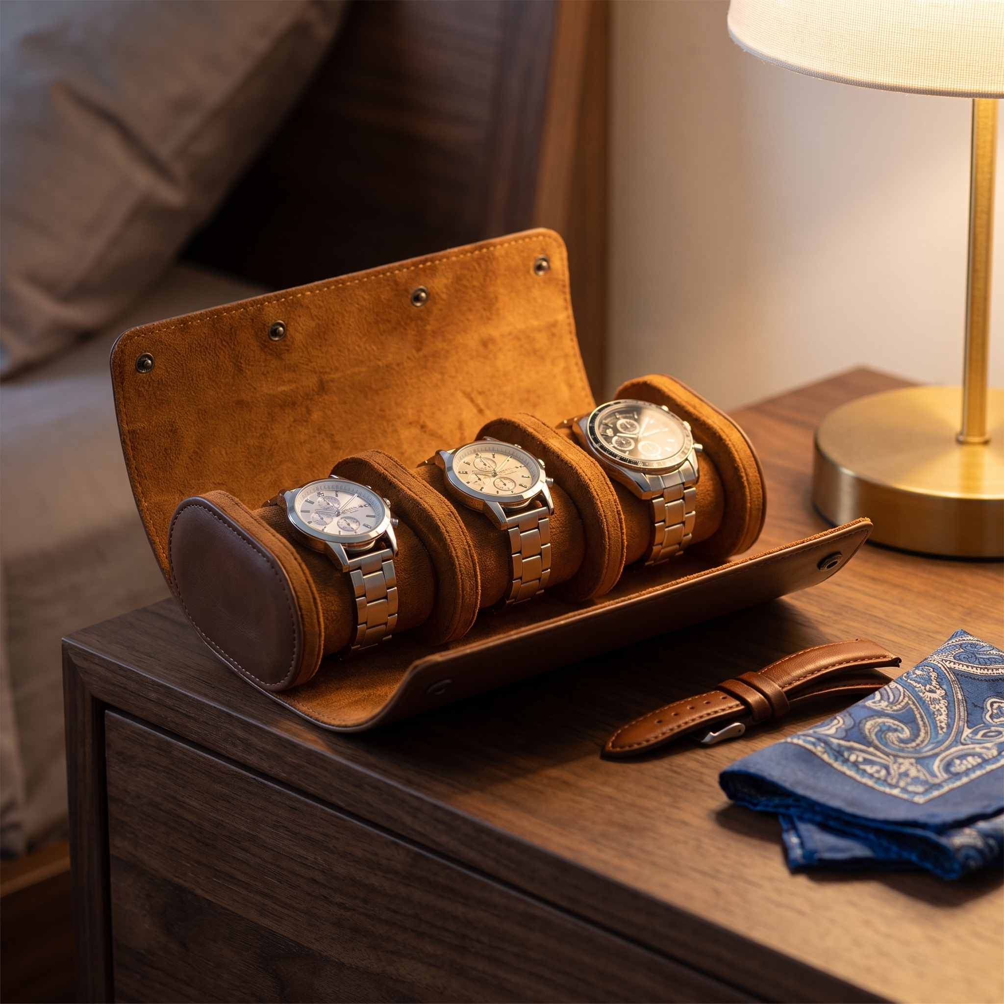 Watch Roll Case for 3 in Brown Vegan Leather — lifestyle shot