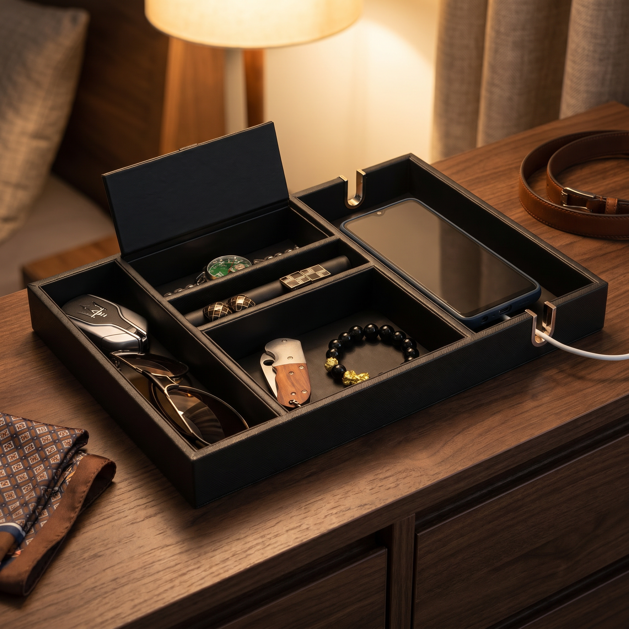 Black Vegan Leather Valet Tray — lifestyle shot