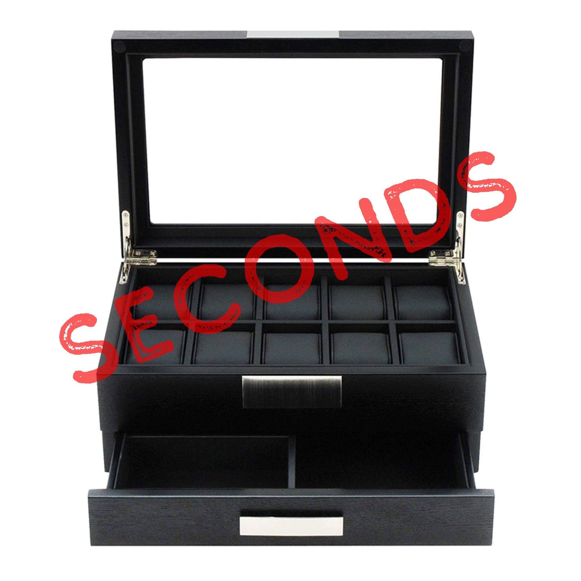 Seconds - Black Wooden Watch Box for 10 Watches with a Drawer (a) Seconds Clinks