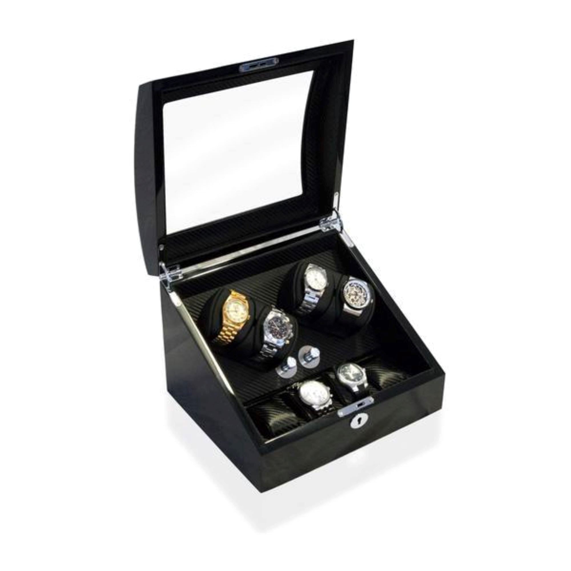 Seconds - Avoca Watch Winder Box 4 + 4 Watches in Black - Carbon Fibre Interior (a) Seconds Clinks