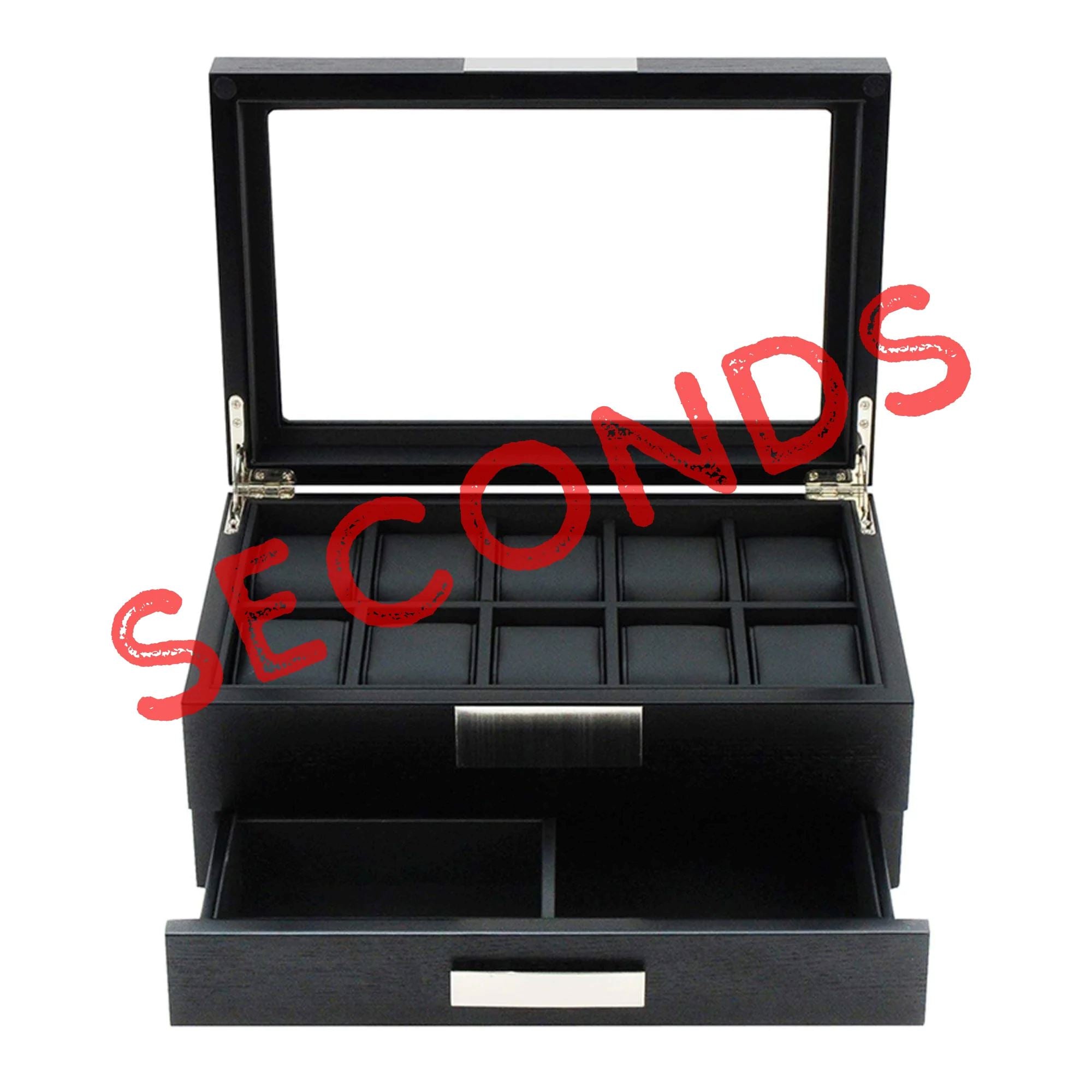 Seconds - Black Wooden Watch Box for 10 Watches with a Drawer (b) Seconds Clinks