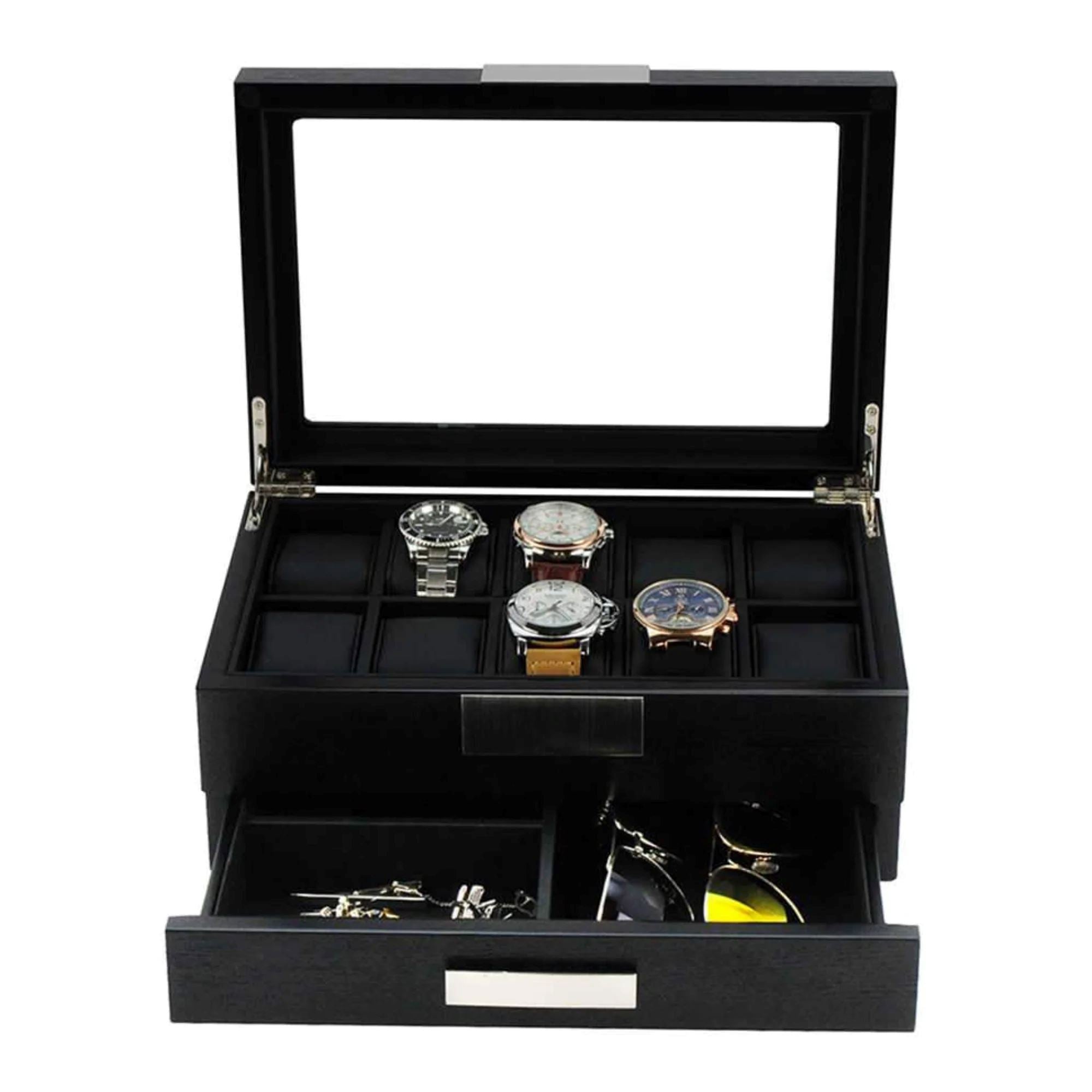 Seconds - Black Wooden Watch Box for 10 Watches with a Drawer (b) Seconds Clinks