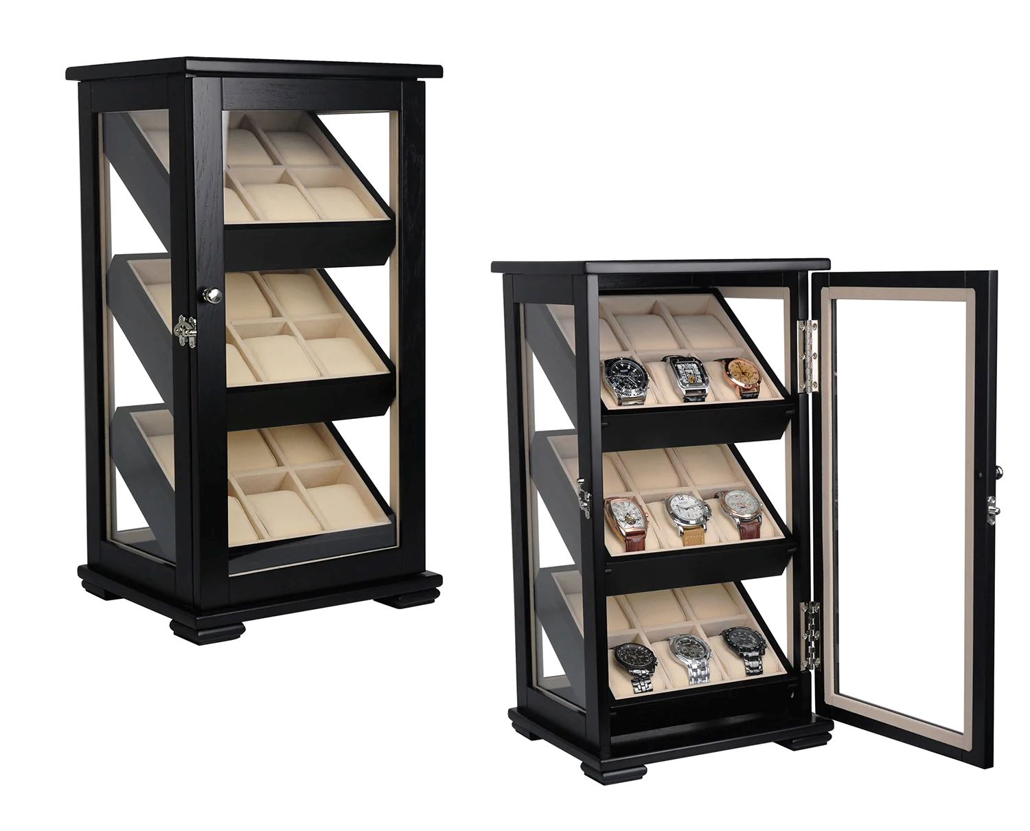Black Wooden Watch Cabinet for 18 watches Watch Boxes Clinks