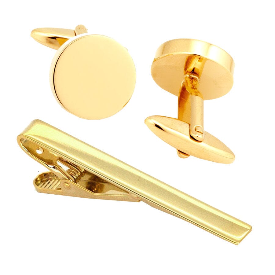 Round Chunky Gold Cufflinks & Tie Clip Set Gift Set Clinks Australia
