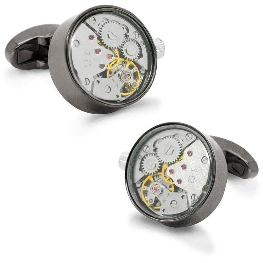 Working Watch Movement Steampunk Cufflinks Gunmetal and Silver Novelty Cufflinks Clinks Australia Working Watch Movement Steampunk Cufflinks Gunmetal and Silver
