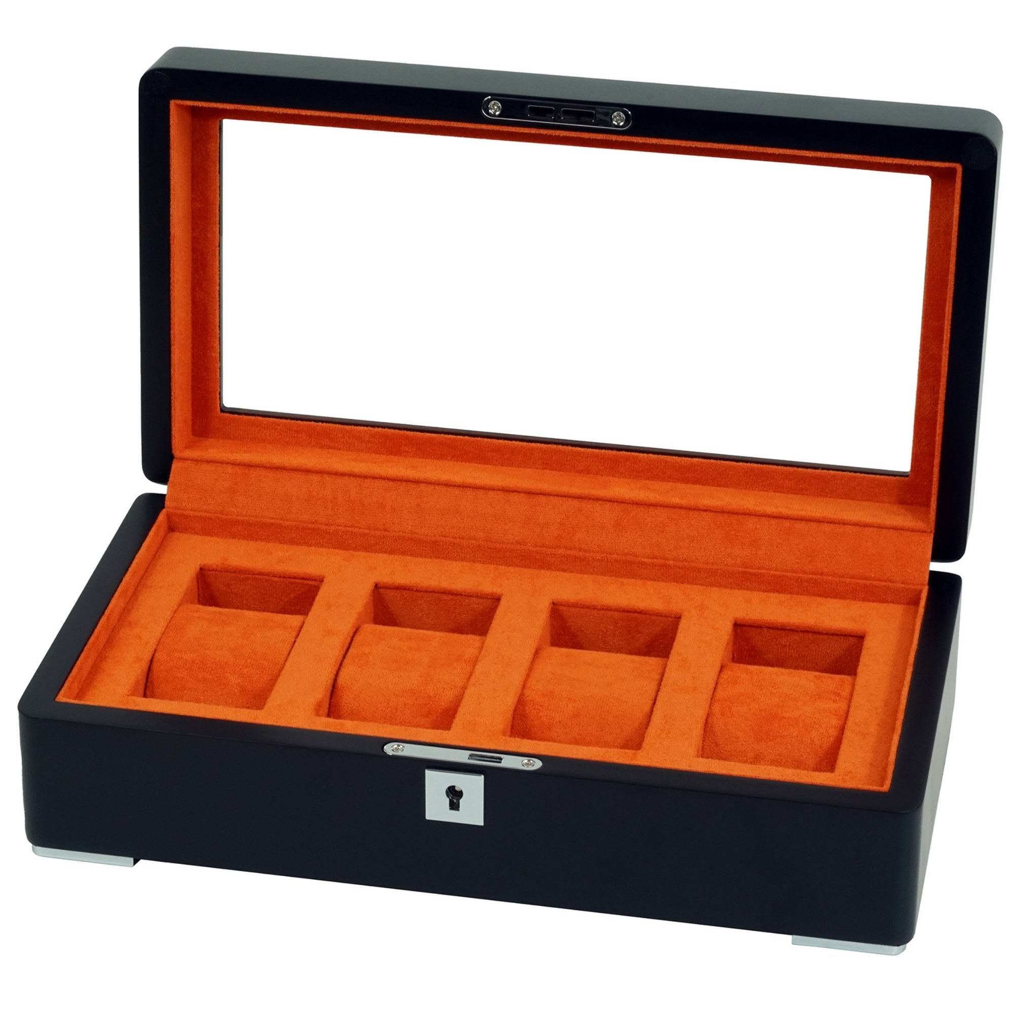 4 Slot Black Wooden Watch Box with Orange Interior