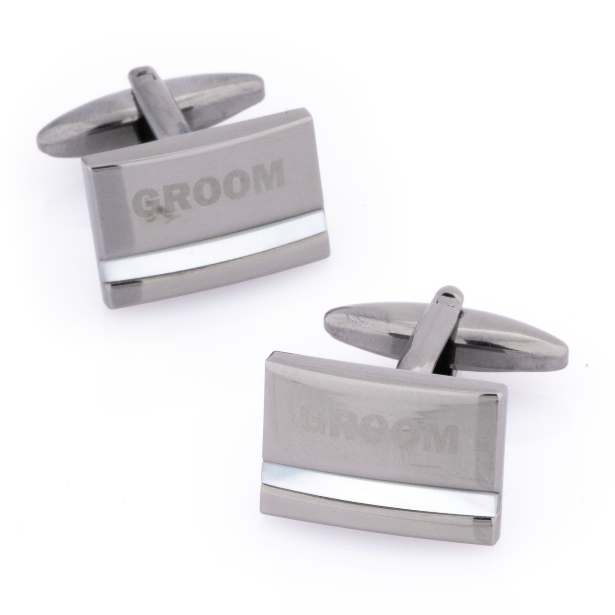 Groom Laser Etched Mother of Pearl Gunmetal Wedding Cufflinks