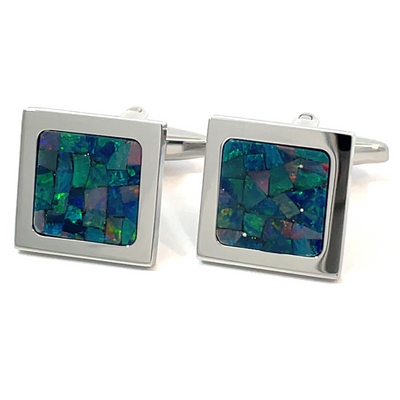 Australian Square Opal Cufflinks (Green Shiny Silver)