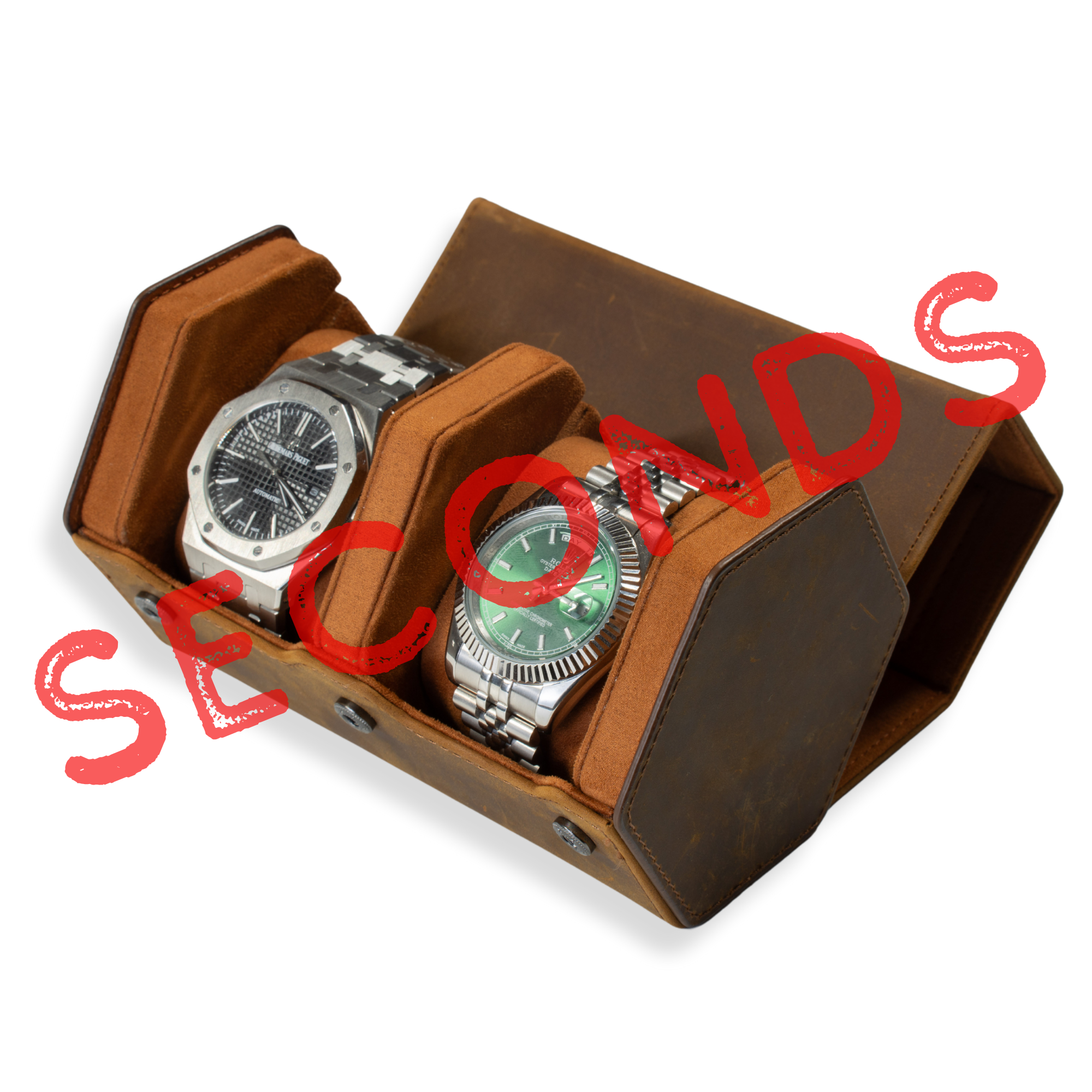 Seconds - Hex Leather Watch Roll 2 Slots in Saddle Leather/Brown