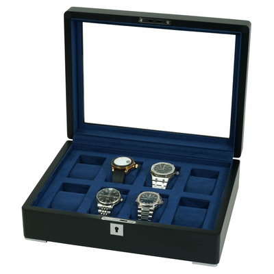 8 Slot Black Wooden Watch Box with Blue Interior