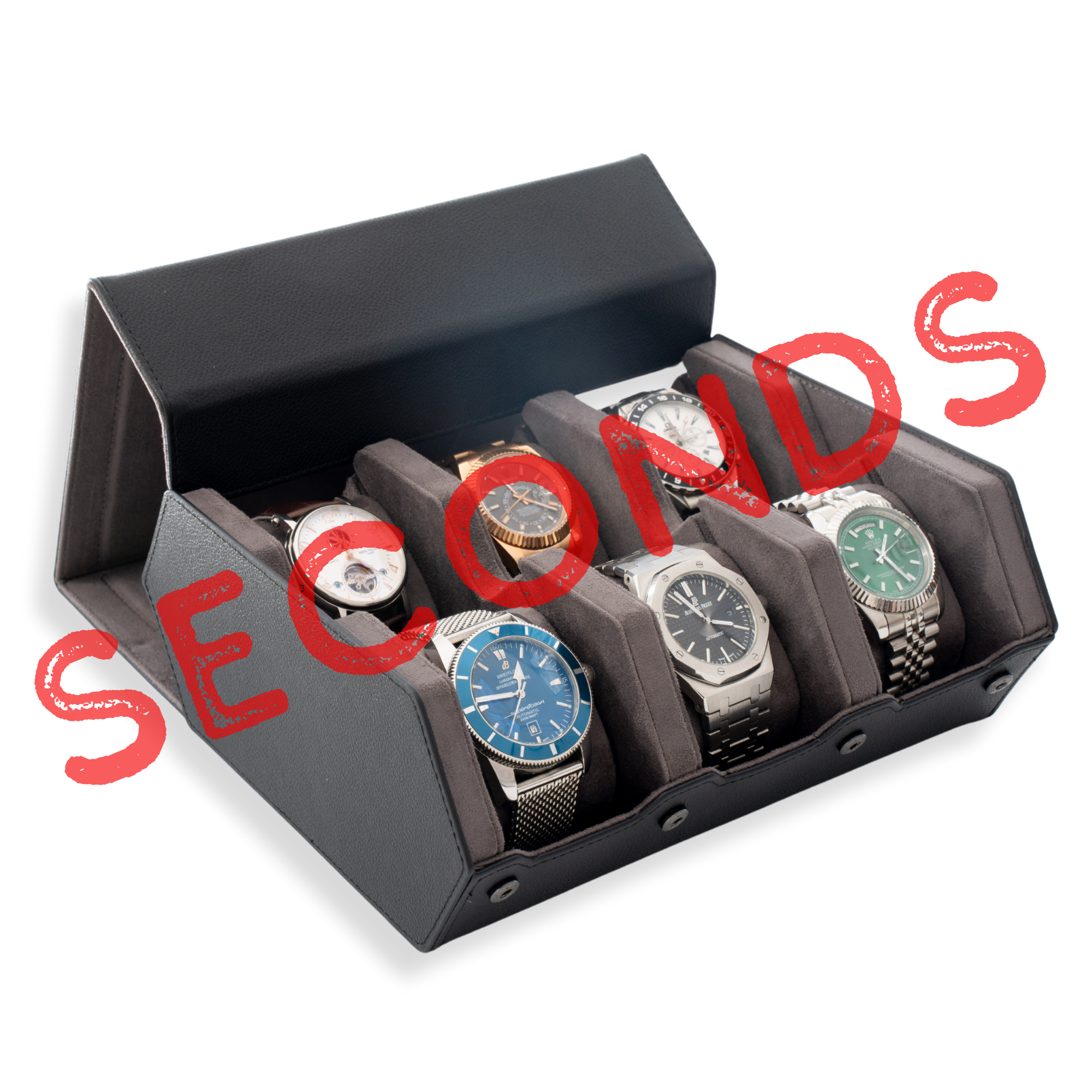 Seconds - Hex Leather Watch Roll 6 Slots in Black/Charcoal