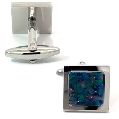 Australian Square Opal Cufflinks (Green Shiny Silver)