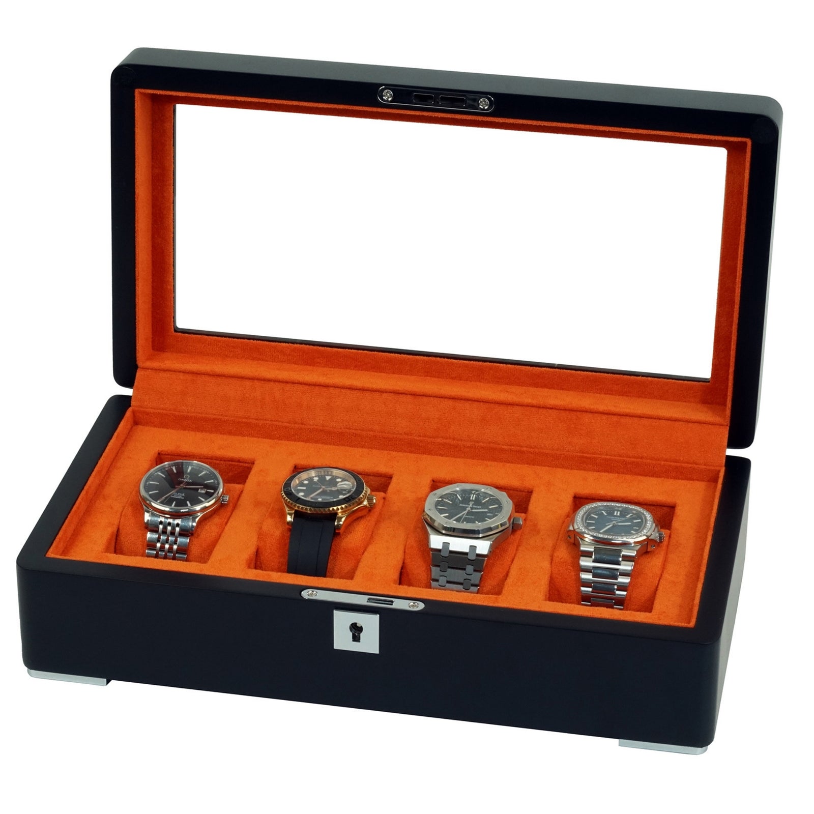 4 Slot Black Wooden Watch Box with Orange Interior