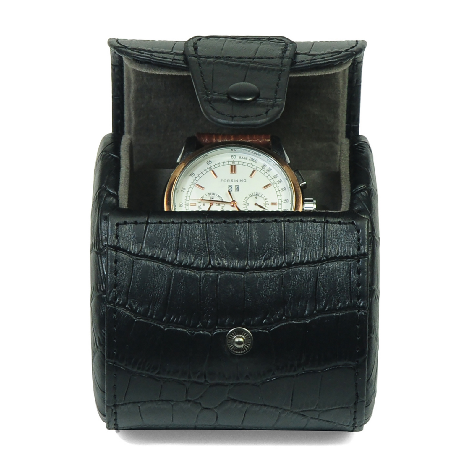 Travel Watch Roll Case for 1 in Black Genuine Leather