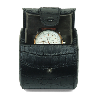 Travel Watch Roll Case for 1 in Black Genuine Leather
