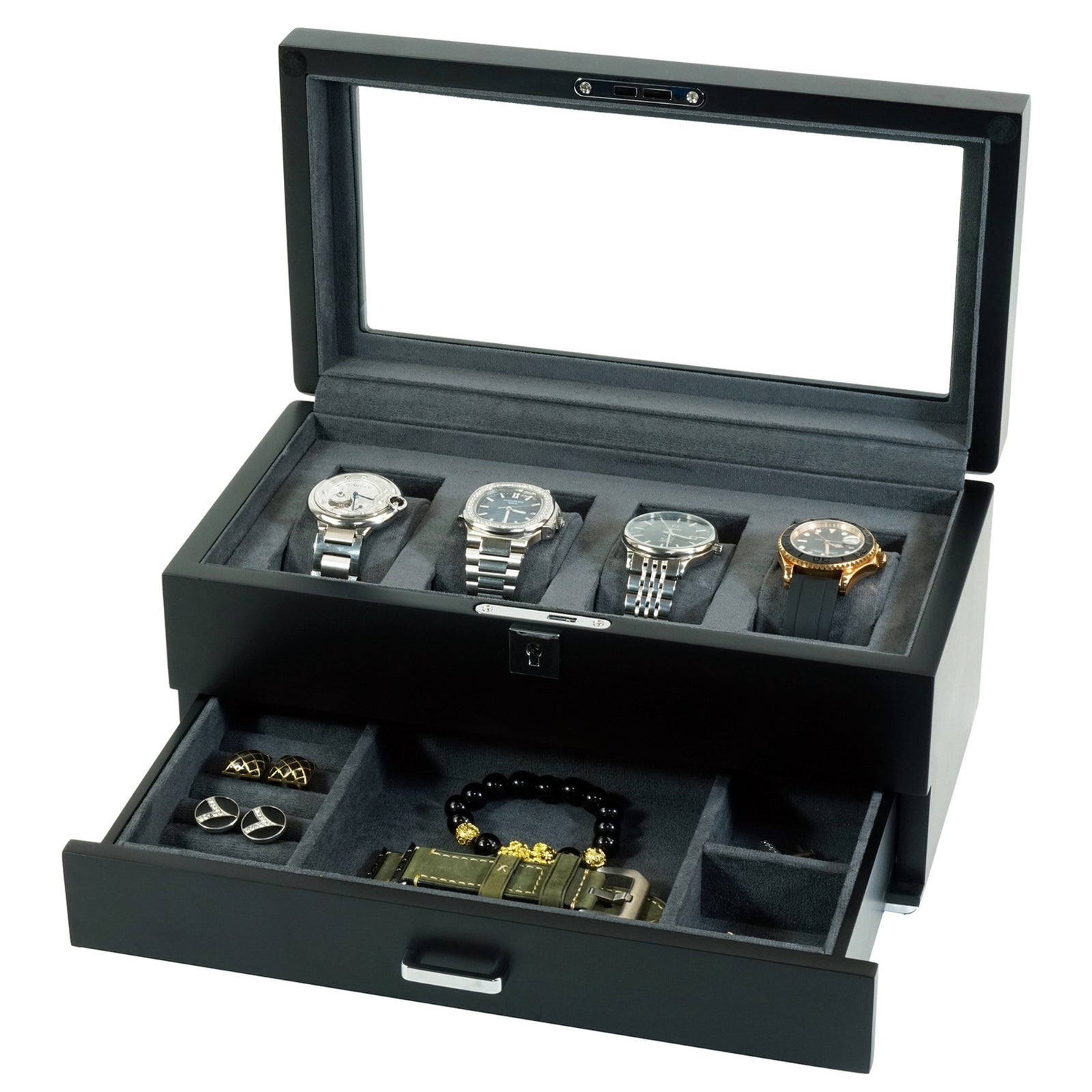 4 Slots Wooden Watch Box with Charcoal Interior and Drawer