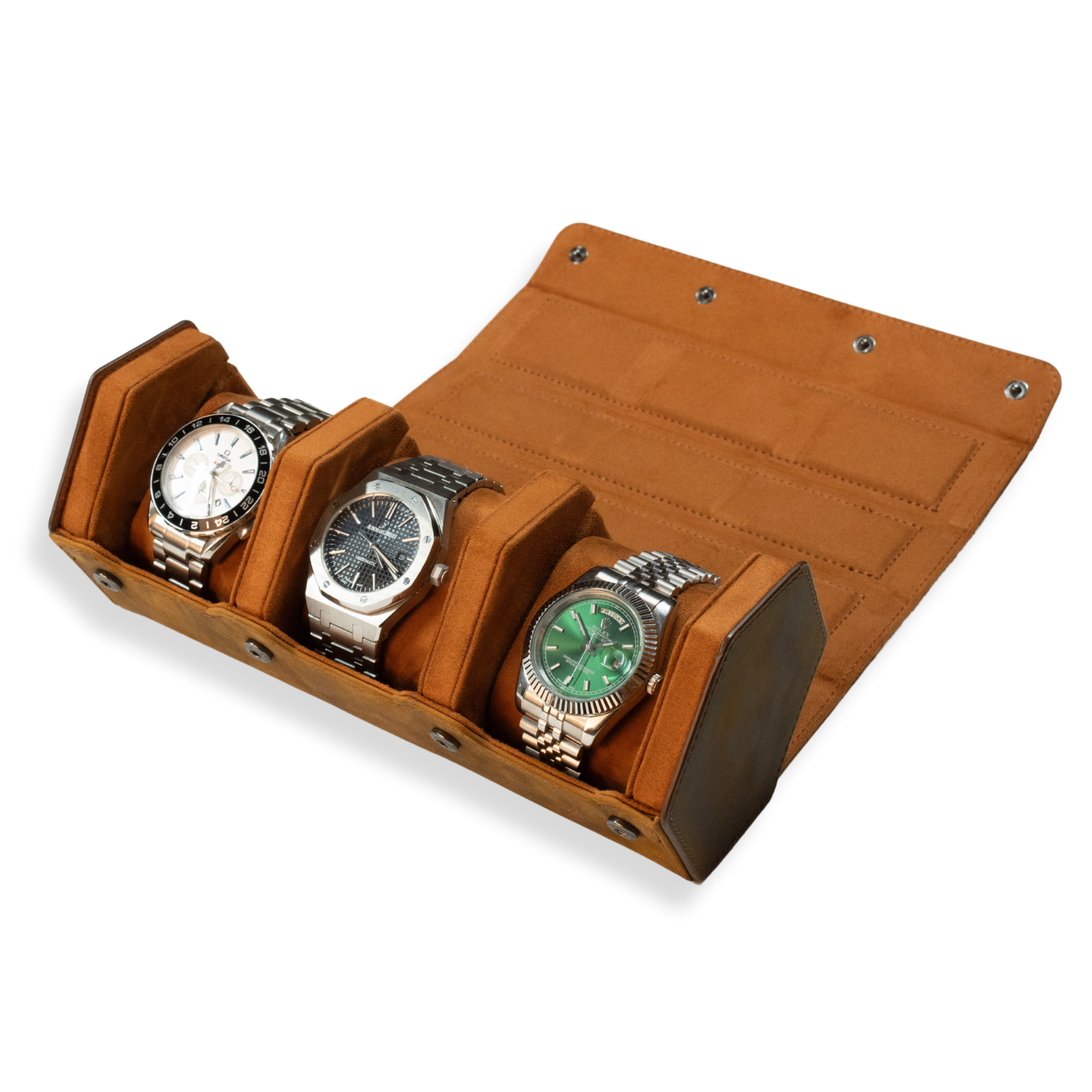 Seconds - Hex Leather Watch Roll 3 Slots in Saddle Leather/Brown