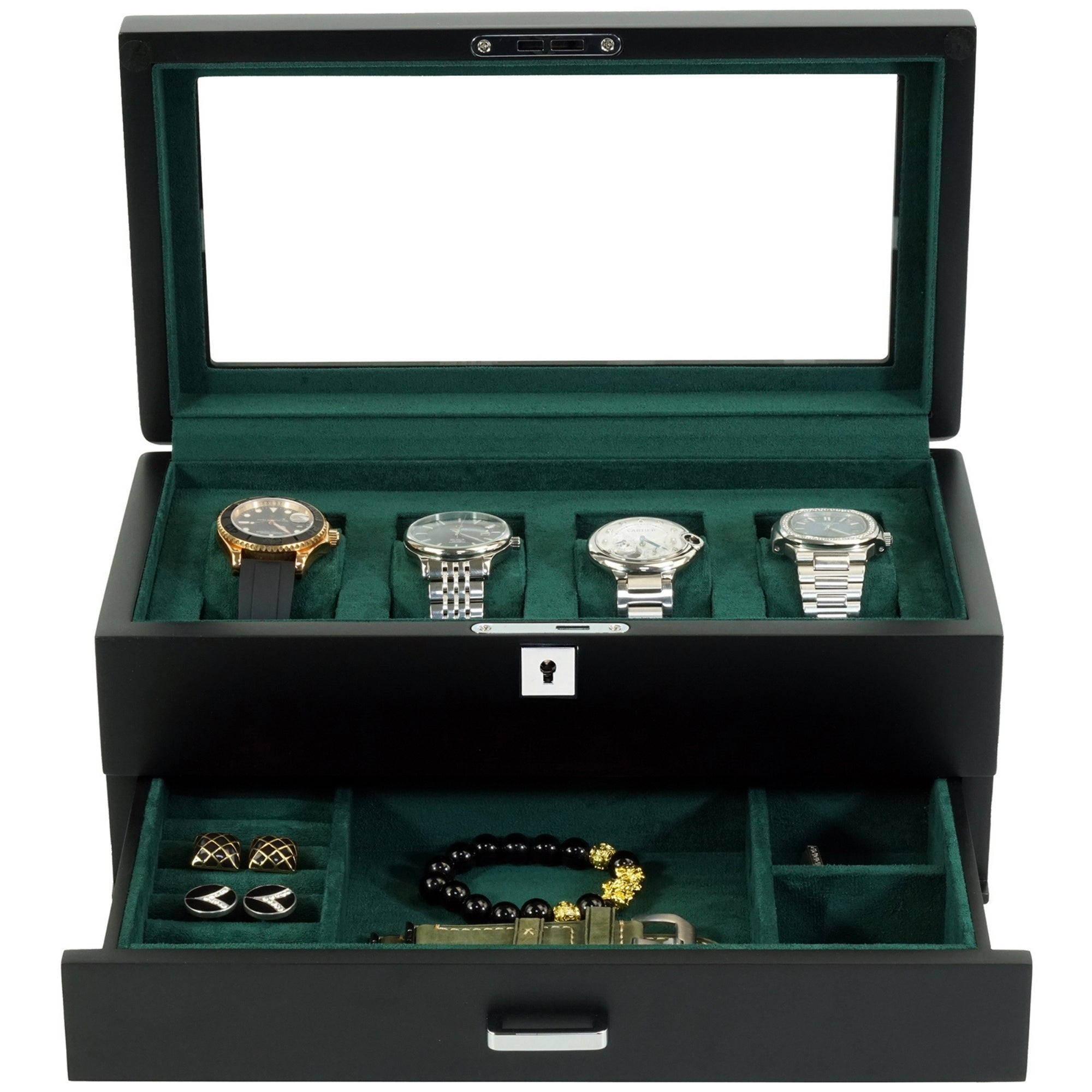 Seconds - 4 Slots Wooden Watch Box with Green Interior and Drawer