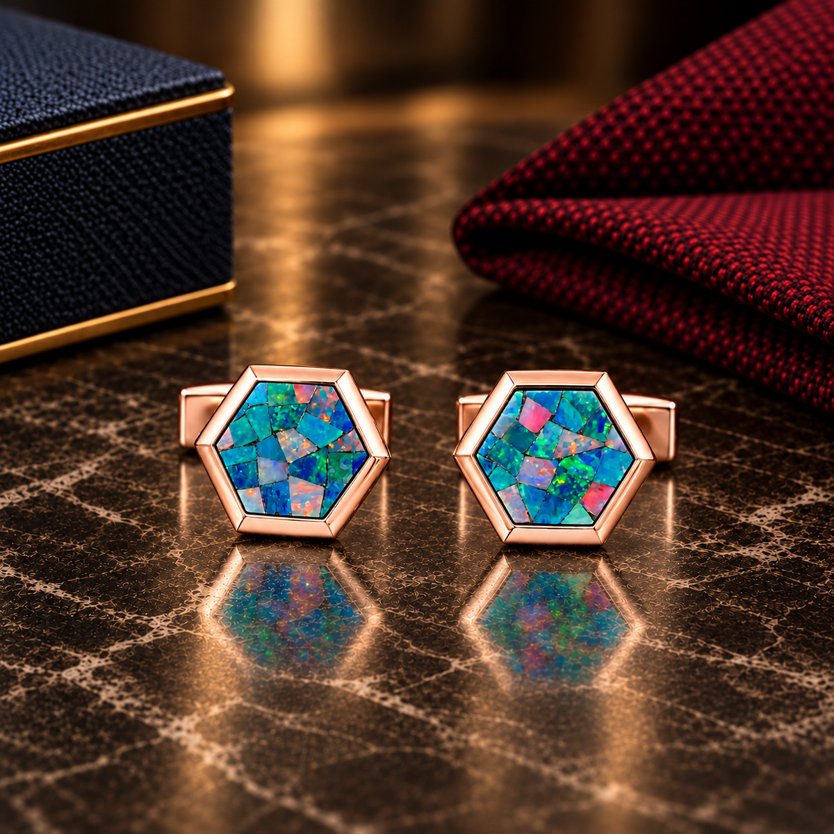 Opal Rose Gold Hex Cufflinks