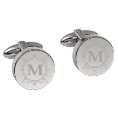 Decorated Round Initials Engraved Cufflinks in Silver