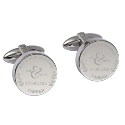Mr + Mrs Name and Date Engraved Cufflinks in Silver