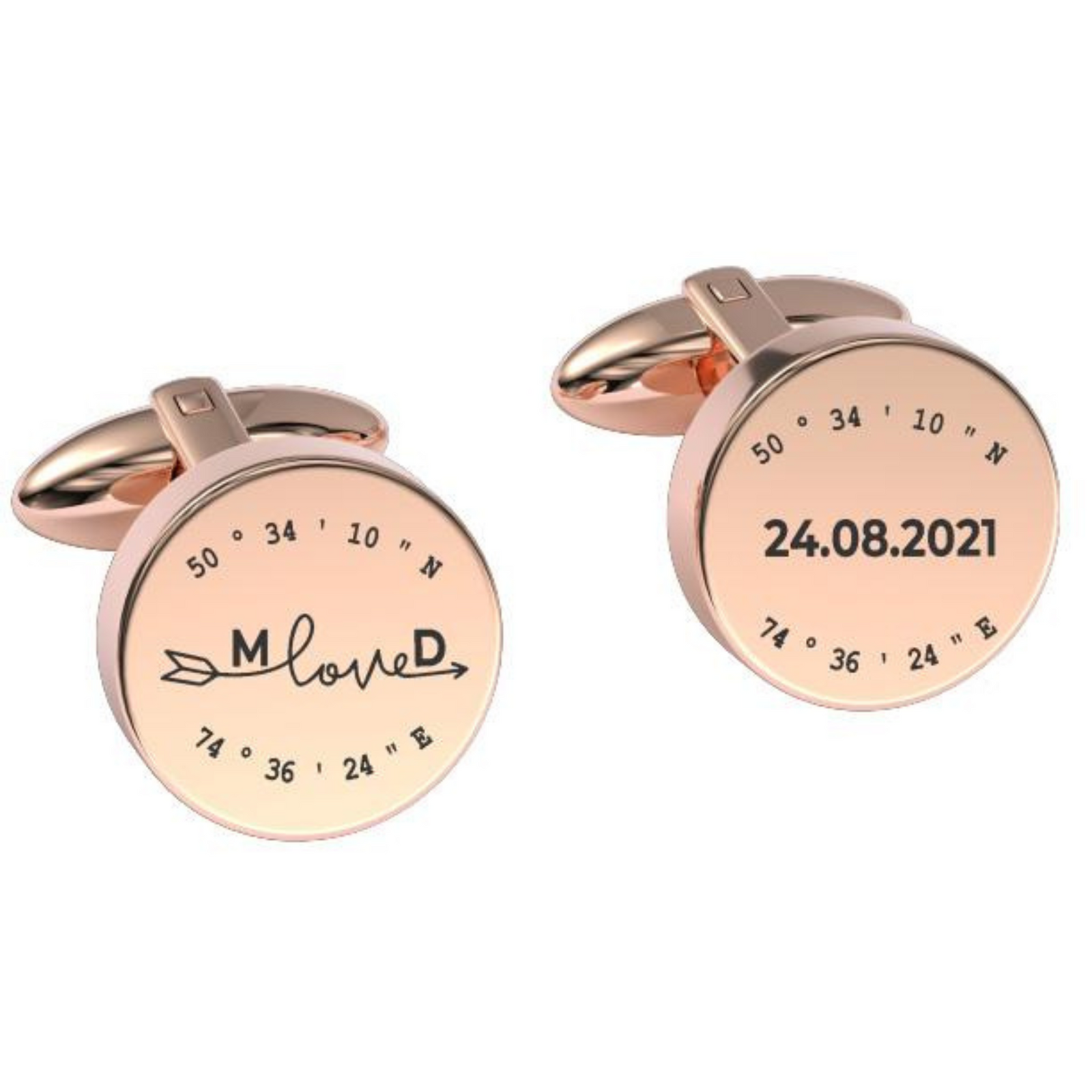Latitude-Longitude Initials & Date Round Engraved Cufflinks in Rose Gold