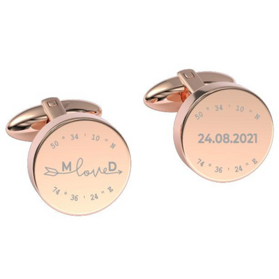 Latitude-Longitude Initials & Date Round Engraved Cufflinks in Rose Gold