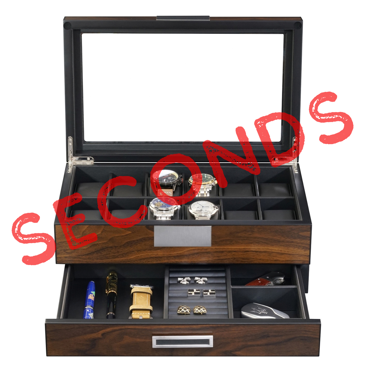 Seconds - 12 Slot Ebony Wood Watch Box with Drawer