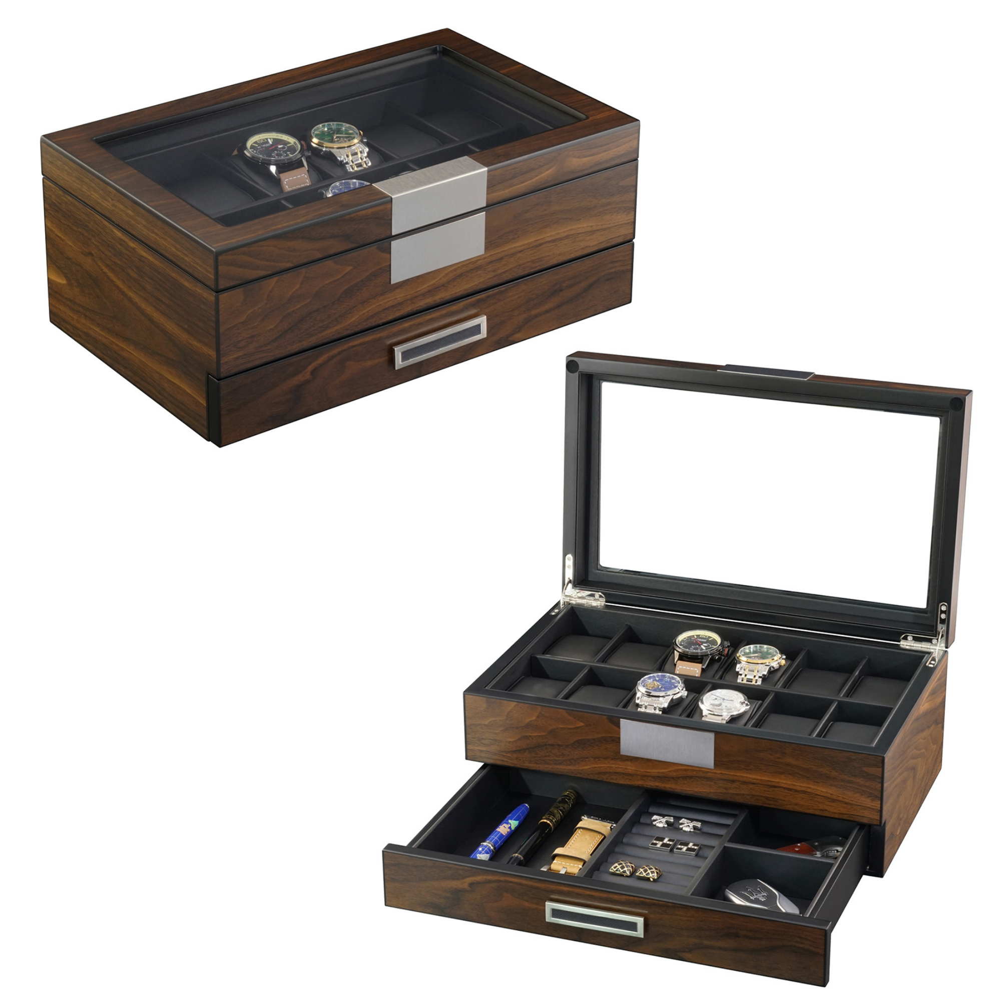 12 Slots Watch Box with Drawer in Ebony Wood