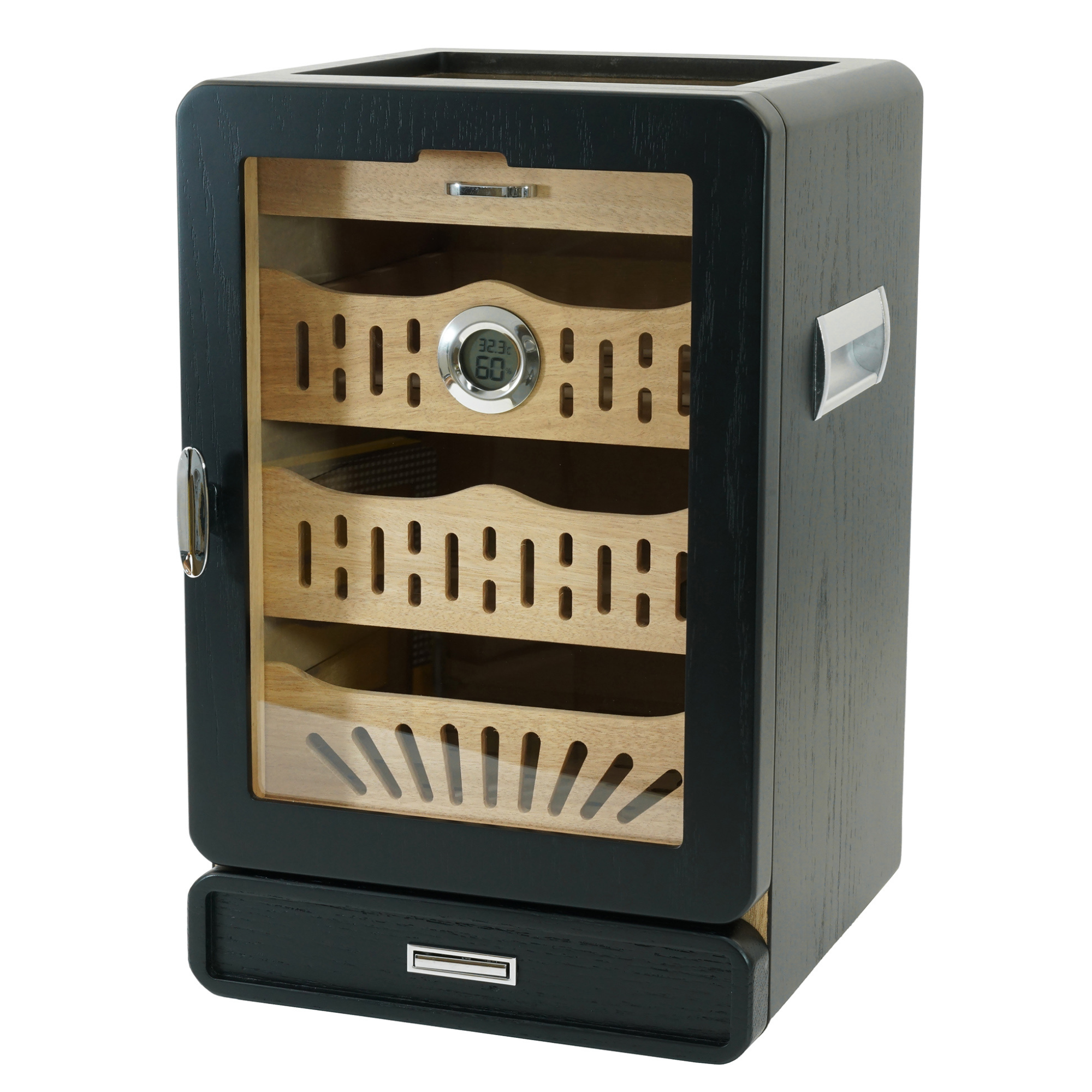 200 CT Black Wooden with Glass Top Cabinet for Cigars