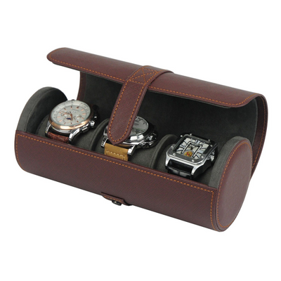 Watch Roll Case for 3 in Dark Brown Vegan Leather