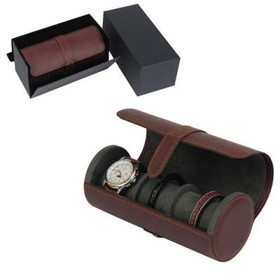 Watch Roll Case for 3 in Dark Brown Vegan Leather