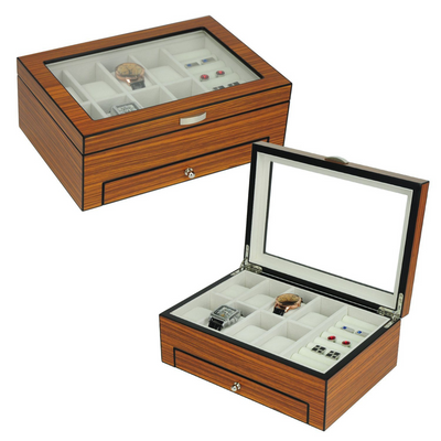 8 Slots Brown Wooden Watch Box with Cufflink Storage and Drawer