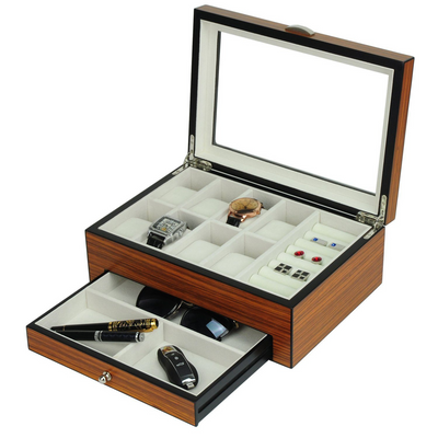 8 Slots Brown Wooden Watch Box with Cufflink Storage and Drawer