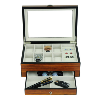 8 Slots Brown Wooden Watch Box with Cufflink Storage and Drawer