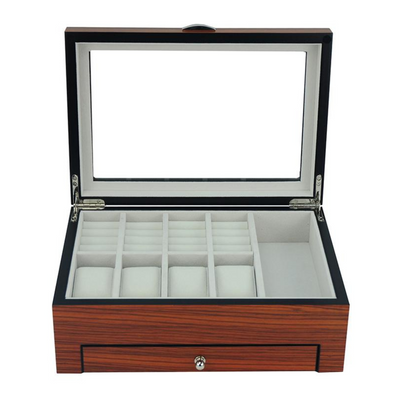 8 Slots Brown Wooden Watch Box with Cufflink Storage and Drawer