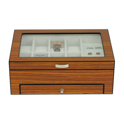 8 Slots Brown Wooden Watch Box with Cufflink Storage and Drawer