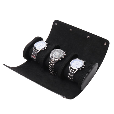 Watch Roll Case for 3 in Black Vegan Leather