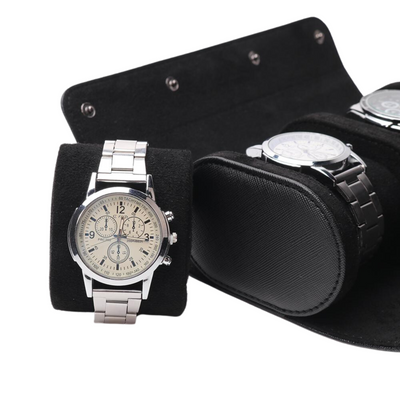 Watch Roll Case for 3 in Black Vegan Leather