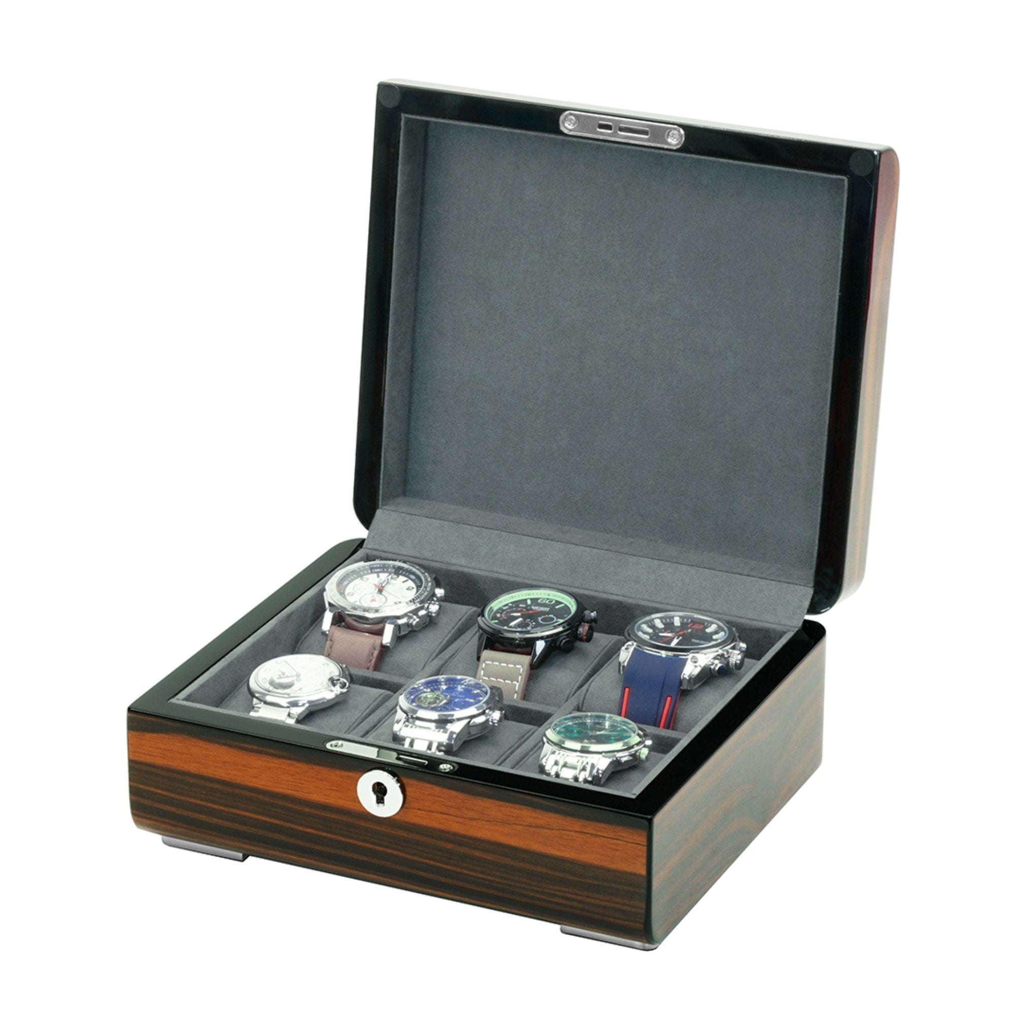6 Slots Watch Box with Lock in Wooden Ebony Watch Boxes Clinks 