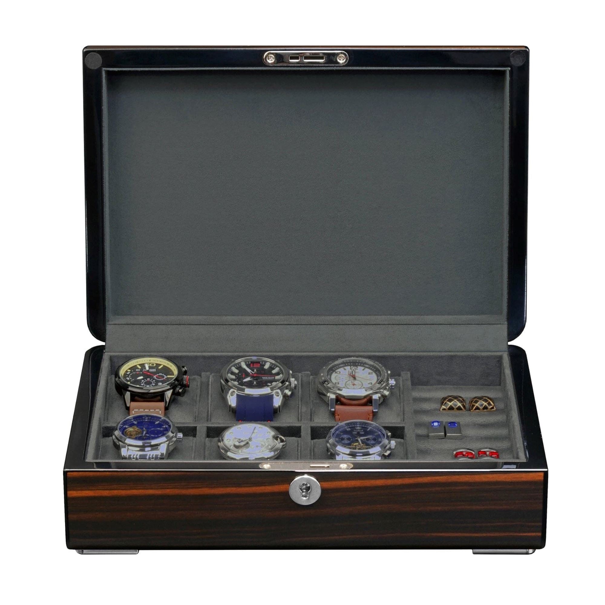 6 Slots Watch Box with Cufflinks Storage and Lock in Wooden Ebony Watch Boxes Clinks 