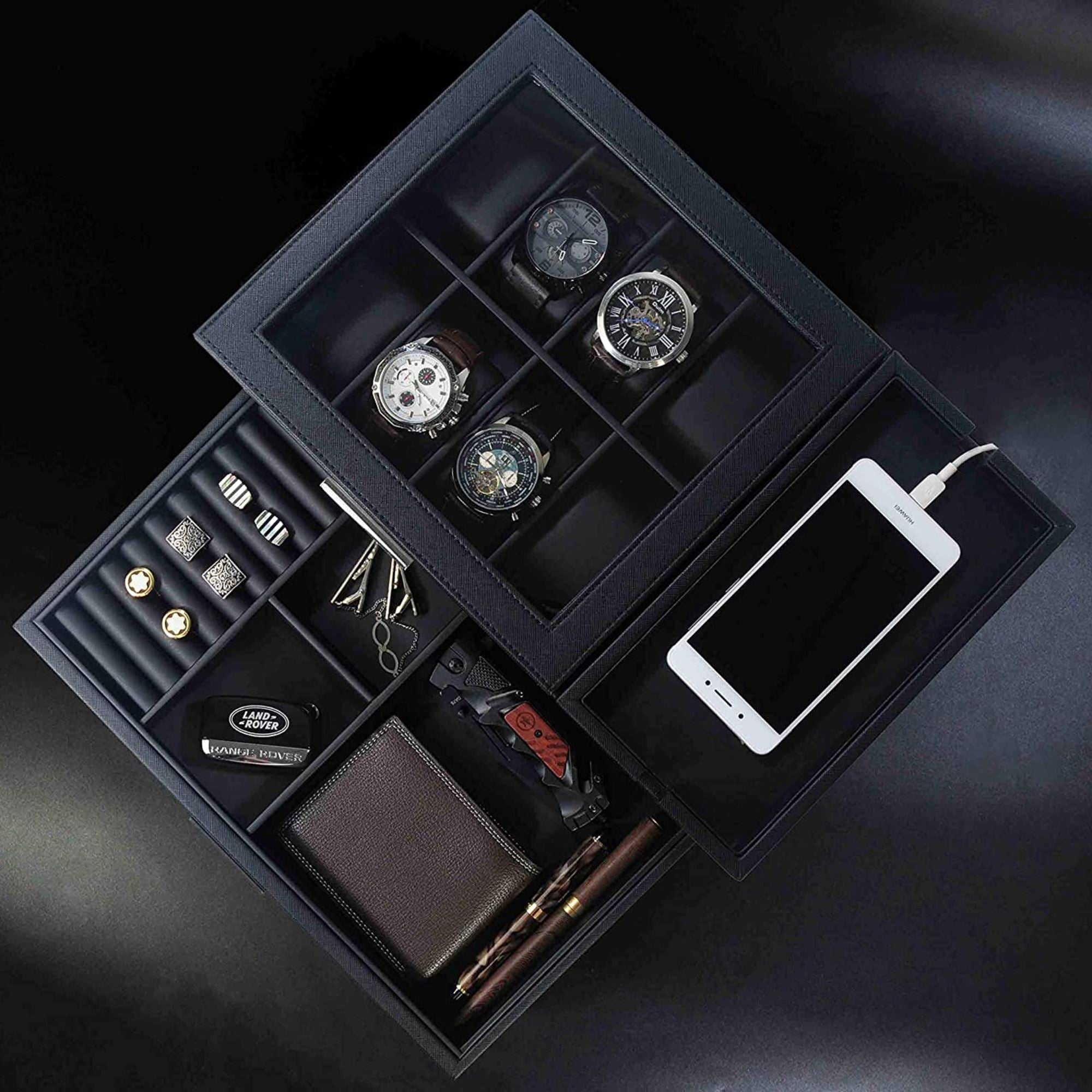 8 Slots Watch Box with Drawer in Black Watch Boxes Clinks 